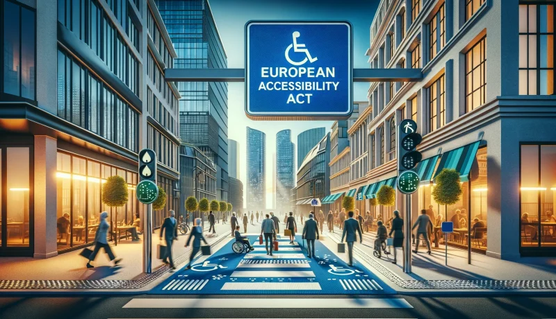 un peisaj urban vibrant și modern, cu străzi largi și accesibile, mărginite de clădiri înalte și pline de viață, cu mulți pietoni. În centru, un panou albastru proeminent afișează inscripția „Legea europeană privind accesibilitatea”, însoțită de simbolul universal al scaunului cu rotile, indicând accentul pus pe accesibilitate și incluziune. Designul străzii include pavaj tactil, rampe și treceri de pietoni clar marcate, care permit accesul scaunelor cu rotile. Atmosfera este plină de viață, oamenii de toate abilitățile mișcându-se liber, simbolizând integrarea standardelor de accesibilitate în planificarea urbană. Scena evidențiază angajamentul de a crea un mediu incluziv, în care toată lumea se poate deplasa confortabil și în siguranță prin oraș.