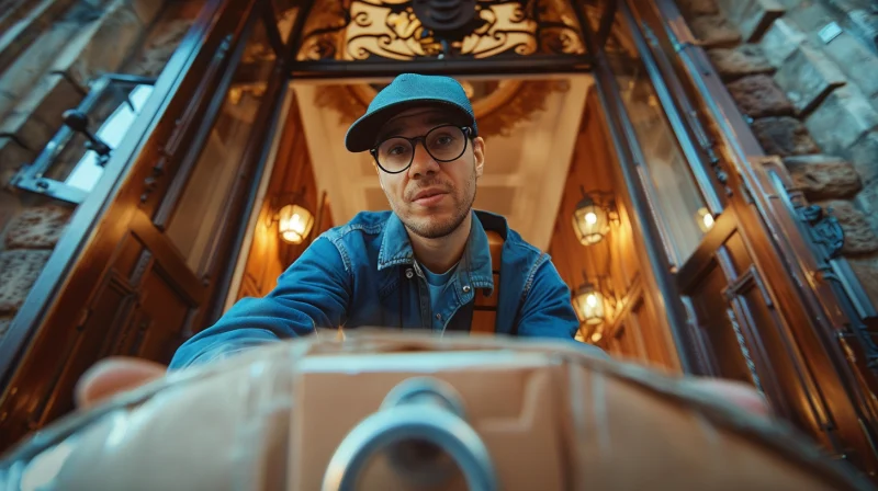 Een close-up van een man met een blauwe pet en een spijkerjasje, die recht in de camera kijkt met een subtiele glimlach. Het perspectief is vanaf de onderkant van het beeld, waarschijnlijk genomen met een camera op een statief, aangezien een deel van de camera onderaan het beeld zichtbaar is. Op de achtergrond is een sierlijke houten deur en een warm verlicht interieur te zien, wat duidt op een elegante, historische omgeving. Het groothoekperspectief van de foto geeft een dynamisch gevoel en benadrukt de innemende uitdrukking van de man en de gedetailleerde omgeving.