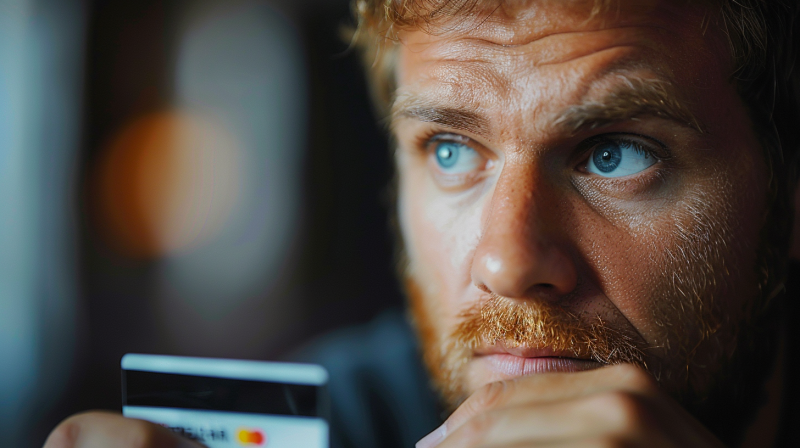 Een close-up portret van een man met opvallende blauwe ogen en een rossige baard, die bedachtzaam een creditcard tussen zijn vingers vasthoudt. Zijn blik is peinzend en intens, wat suggereert dat hij een belangrijke beslissing neemt of een financiële transactie overweegt. De wazige achtergrond benadrukt de focus op zijn gedetailleerde gelaatstrekken, met name zijn ogen, die scherp zijn vastgelegd en een gevoel van diepte en emotie overbrengen. De belichting accentueert de textuur van zijn huid en baard, wat bijdraagt aan het realisme van het moment.