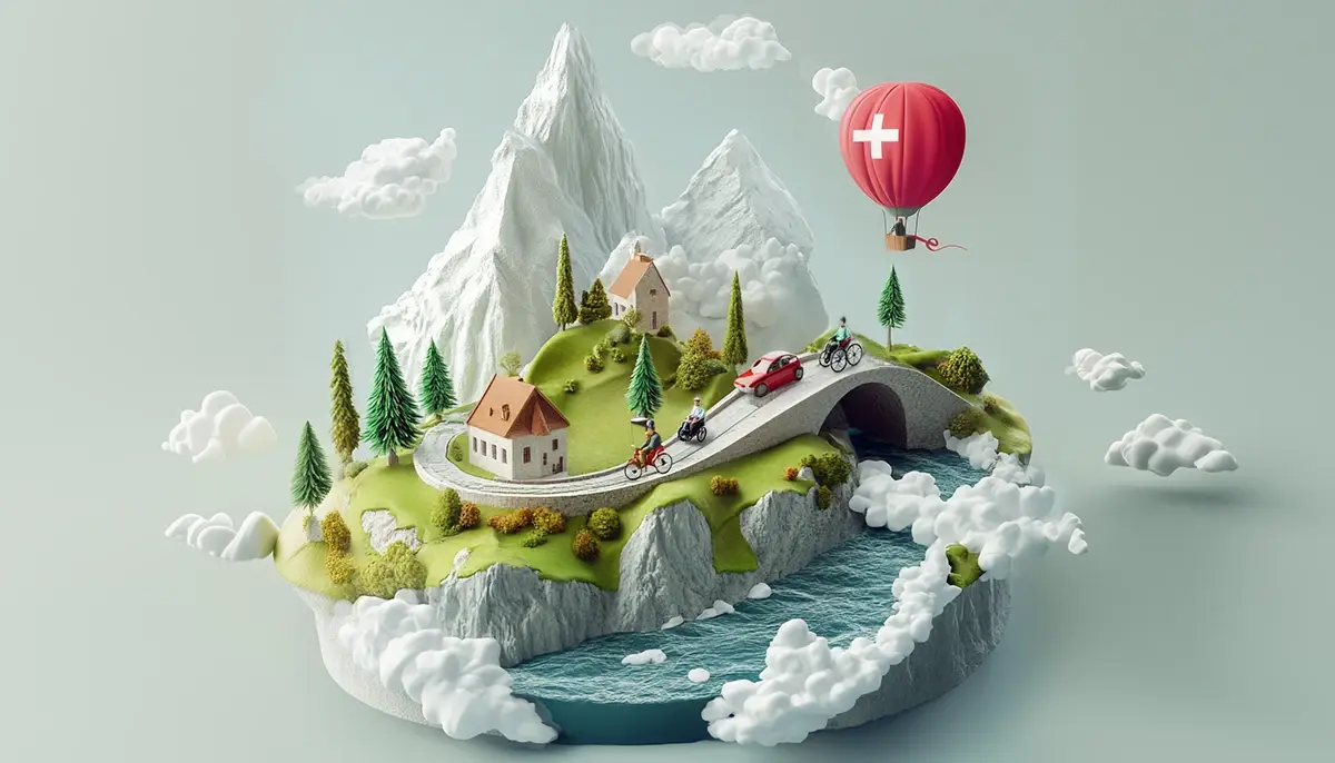 Un paysage miniature pittoresque avec des montagnes enneigées, des collines verdoyantes et une route sinueuse où l'on aperçoit une personne en fauteuil roulant, des cyclistes, une voiture et des maisons. Une montgolfière rouge arborant le drapeau suisse flotte au-dessus d'une rivière, le tout sur fond pastel avec des nuages cotonneux.