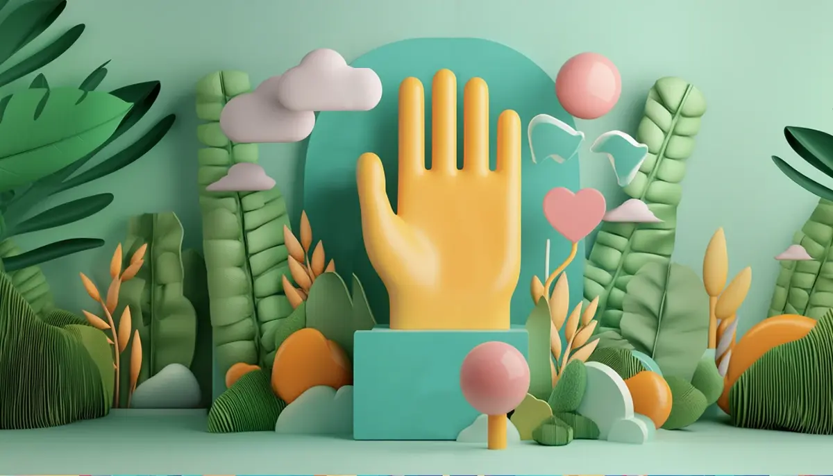Illustration en 3D représentant une grande main jaune entourée d'un feuillage abstrait vert et orange, de nuages roses et blancs, et de diverses formes géométriques colorées.